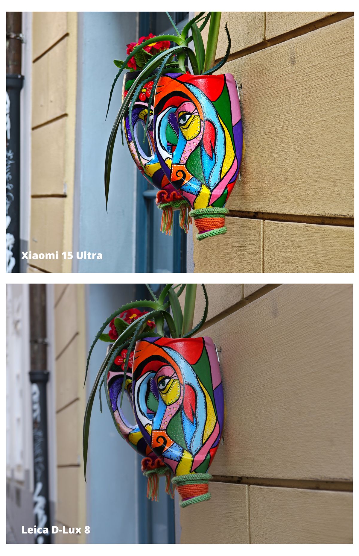 Two images of a colorful plant pot next to one another
