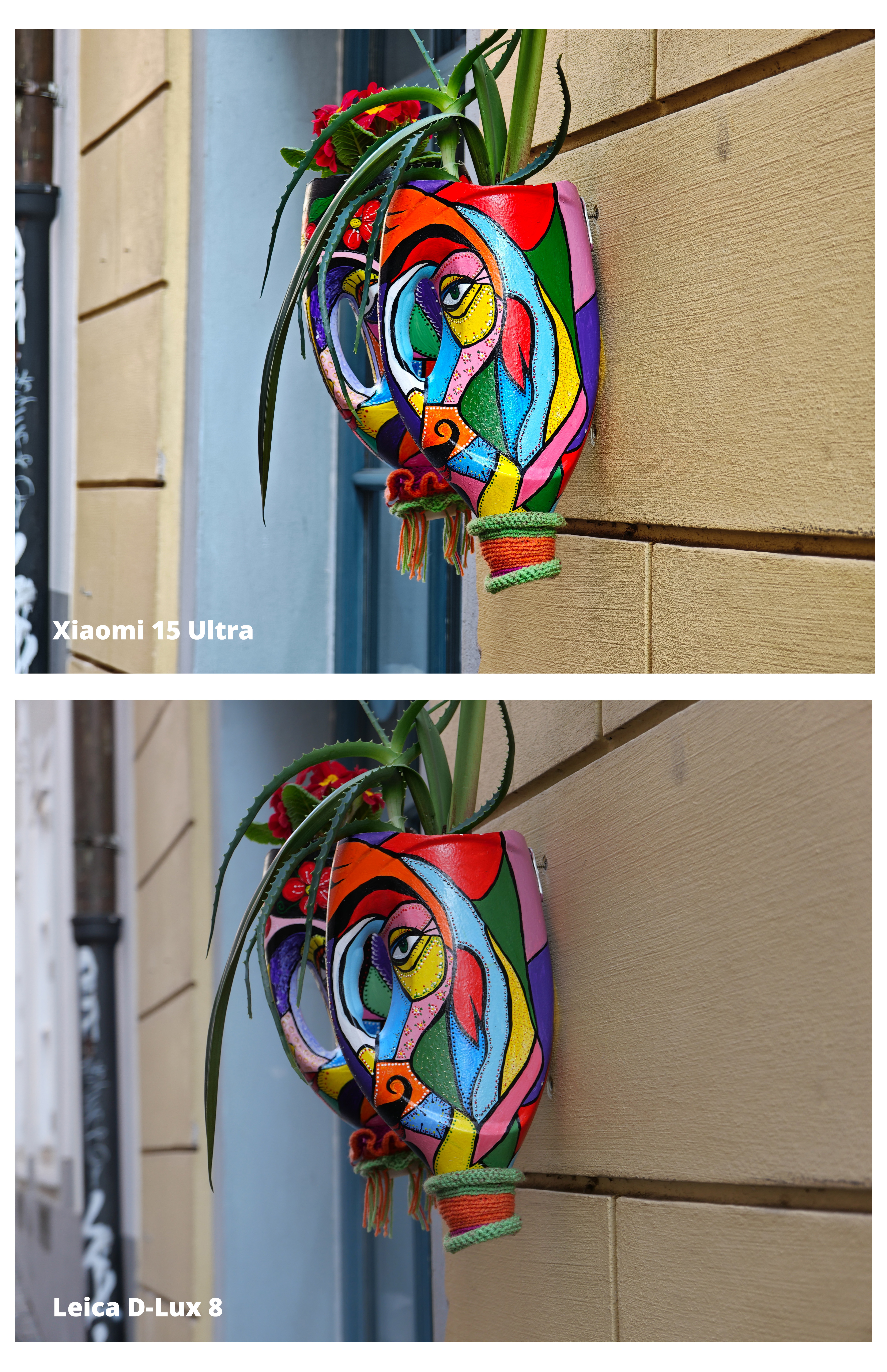 Two images of a colorful plant pot next to one another