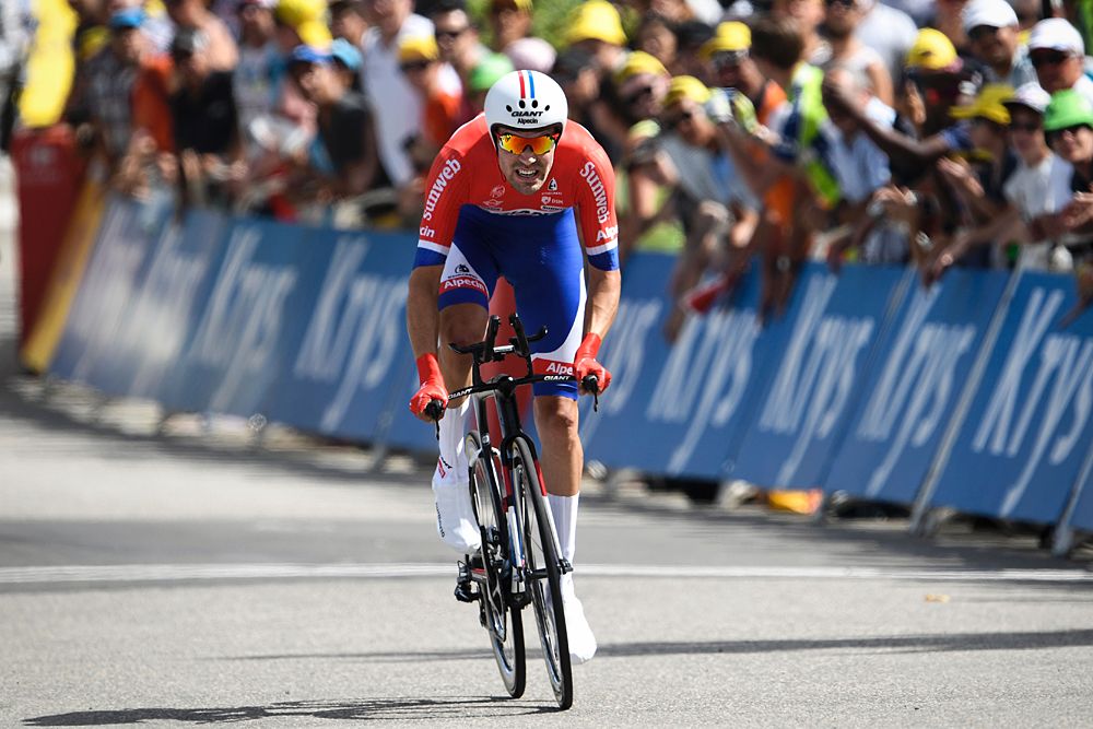 Tom Dumoulin (Giant-Alpecin) comes in with the fastest time in Sallanches