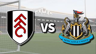 The Fulham and Newcastle United club badges on top of a photo of Craven Cottage in London, England