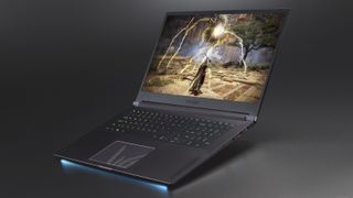 Een LG UltraGear Gaming laptop op een donkere achtergrond