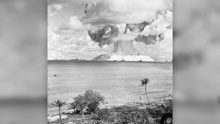 The Baker Day explosion at Bikini Atoll in the Marshall Islands, as recorded by an automatically operated camera on a nearby island. Notice the mushroom cloud forming immediately after the explosion.