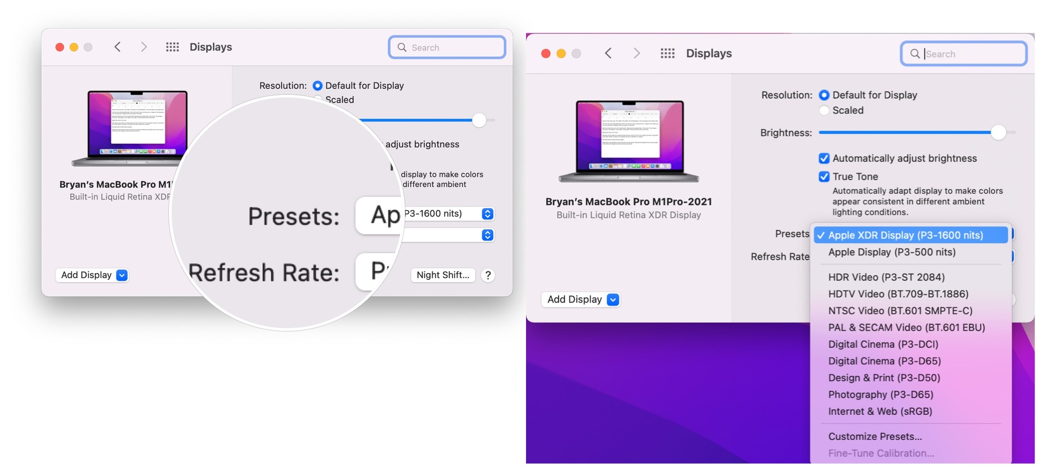 To adjust the reference mode, click the Presets pop-up menu and choose a reference mode.