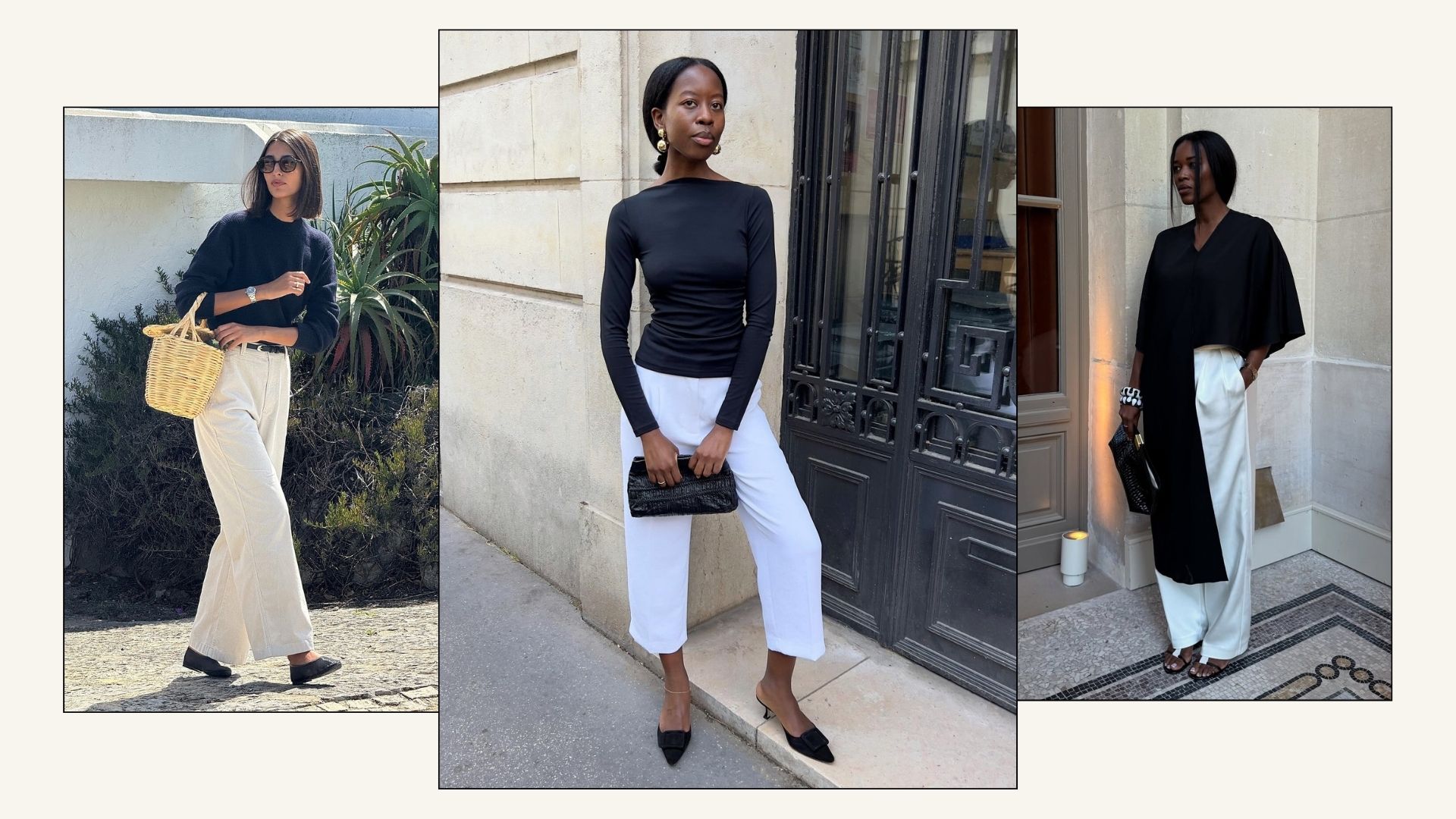 Influencers wears white trousers with black shoes.