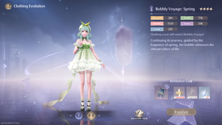 The Clothing Evolution screen in Infinity Nikki which shows a palette-swapped version of the Bubbly Voyage outfit, and the fact it requires seven Calm Thoughts to evolve.