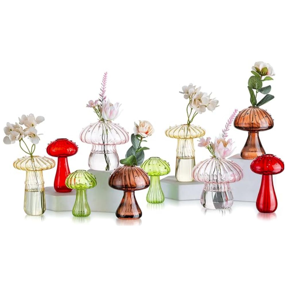 Set of ten colourful mushroom-shaped bud vases