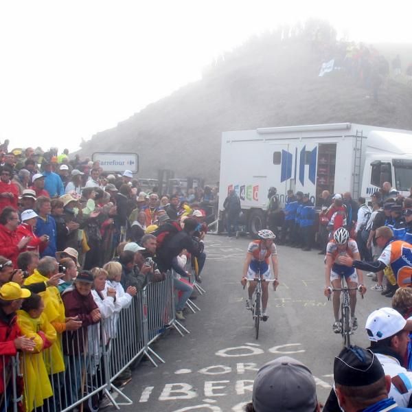 The finish at the summit of the Col du Tourmalet was packed with fans, team staff and media
