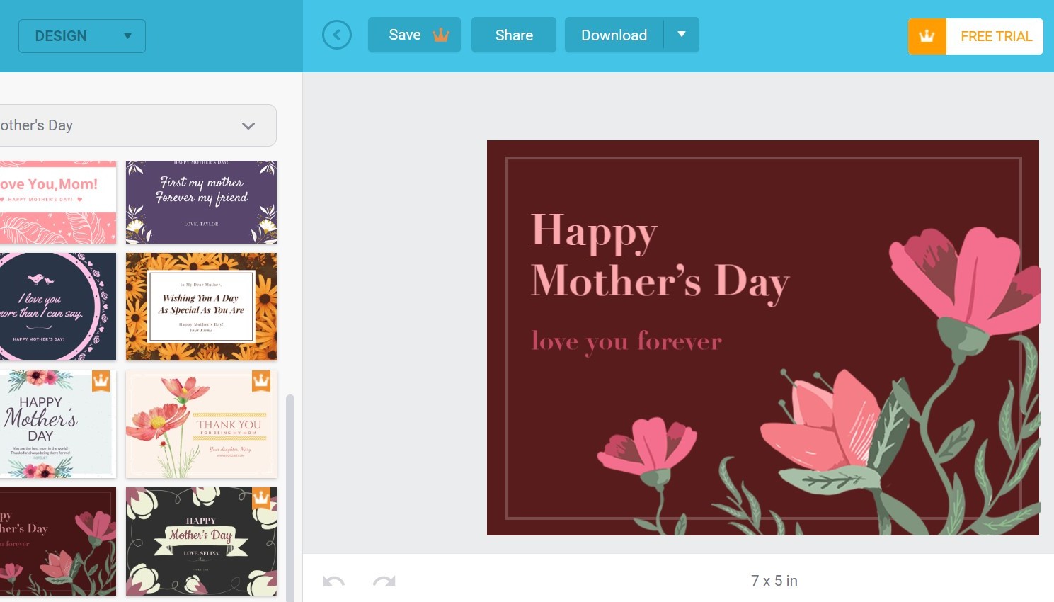 Mother's day card being edited in Fotojet interface