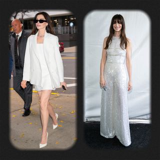 Anne Hathaway in a dress and blazer; Anne Hathaway in a sequin jumpsuit