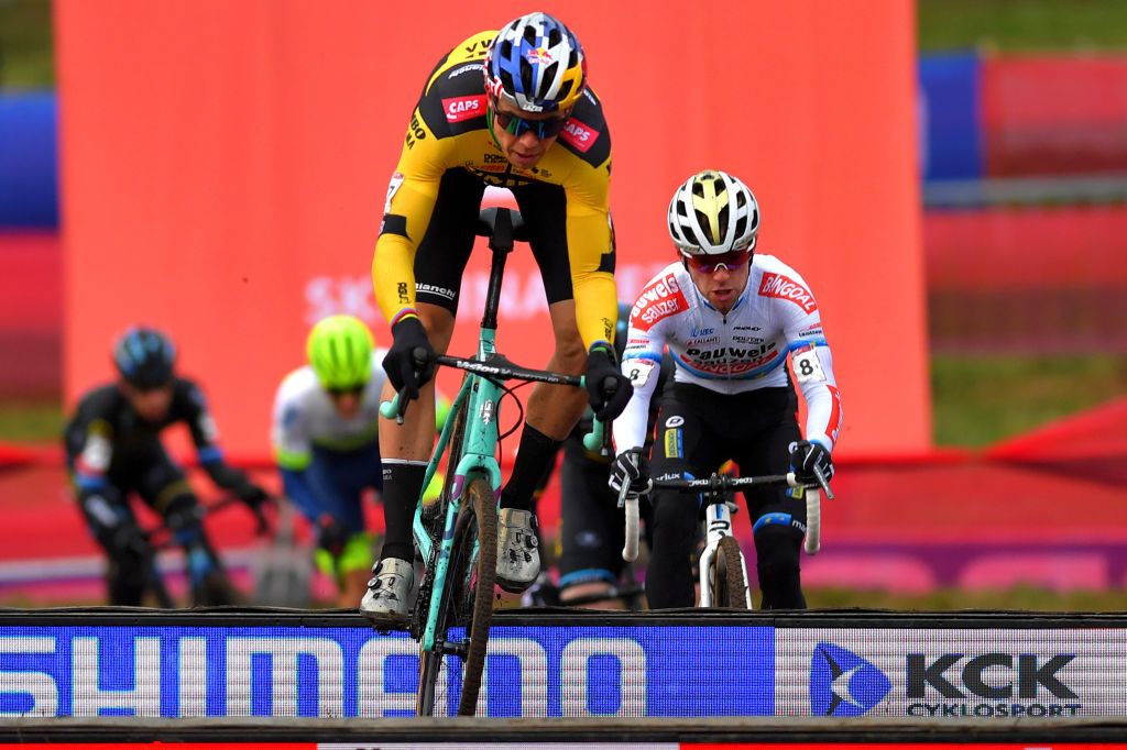 Wout van Aert (Jumbo-Visma) tackles the barriers en route to third place at the opening round of the 2020/21 UCI Cyclo-Cross World Ciphered in Tabor, in the Czech Republic