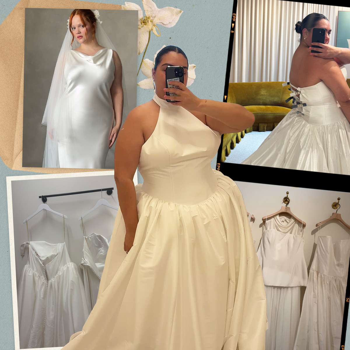 Editor Ana Escalante trying on plus-size wedding dresses.