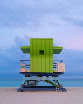 green lifeguard tower, one of a new series of Miami Beach lifeguard towers by William Lane Architect