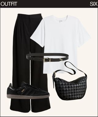 white t-shirt, black trousers, and black sneakers