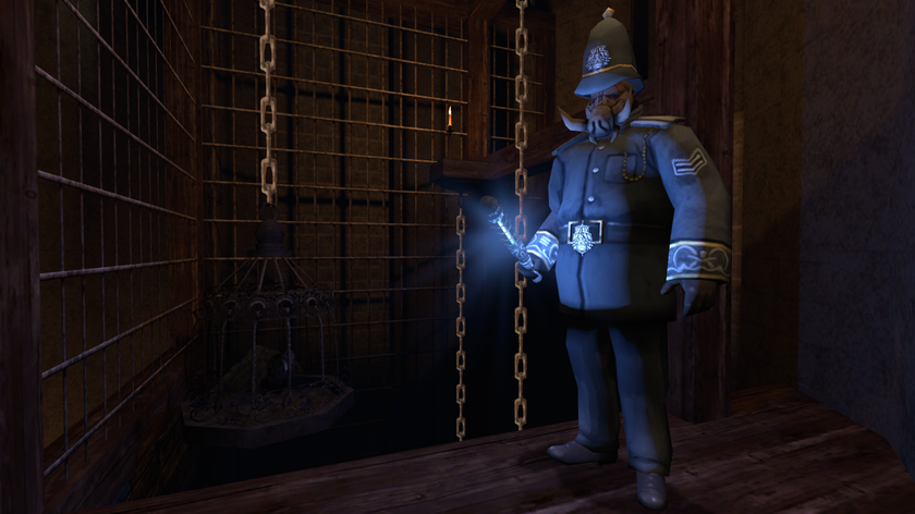 A pig-faced constable stands menacingly with a taser baton in hand.