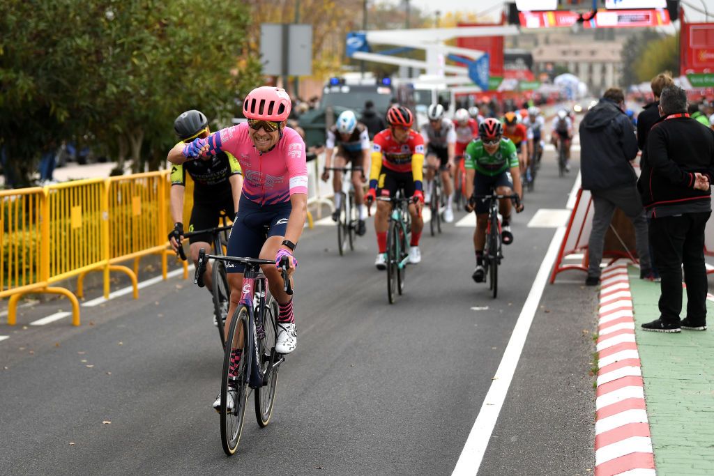 CIUDADRODRIGO SPAIN NOVEMBER 06 Arrival Magnus Cort Nielsen of Denmark and Team EF Pro Cycling Celebration Primoz Roglic of Slovenia and Team Jumbo Visma Red Leader Jersey Richard Carapaz of Ecuador and Team INEOS Grenadiers Green Points Jersey during the 75th Tour of Spain 2020 Stage 16 a 162km stage from Salamanca to Ciudad Rodrigo lavuelta LaVuelta20 La Vuelta on November 06 2020 in Ciudad Rodrigo Spain Photo by David RamosGetty Images