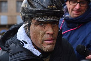 Van Avermaet struggles in the cold and wet conditions at Strade Bianche