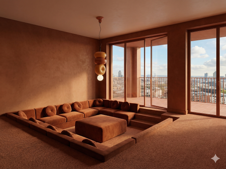 an ai created room with a rust colored conversation put in an apartment block