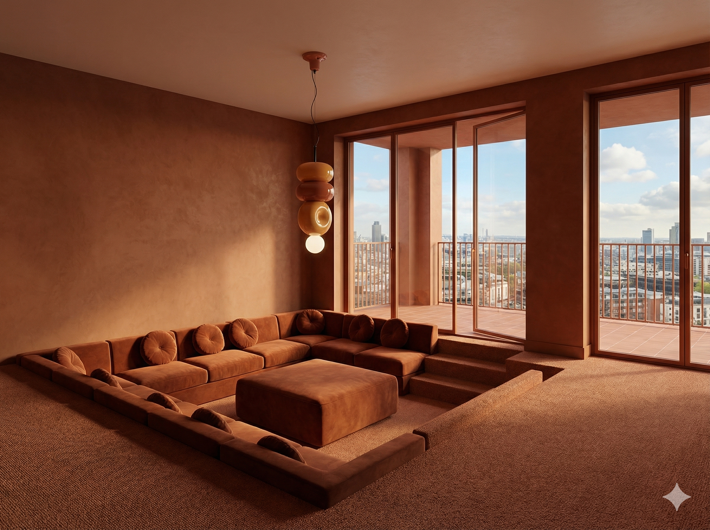 an ai created room with a rust colored conversation put in an apartment block