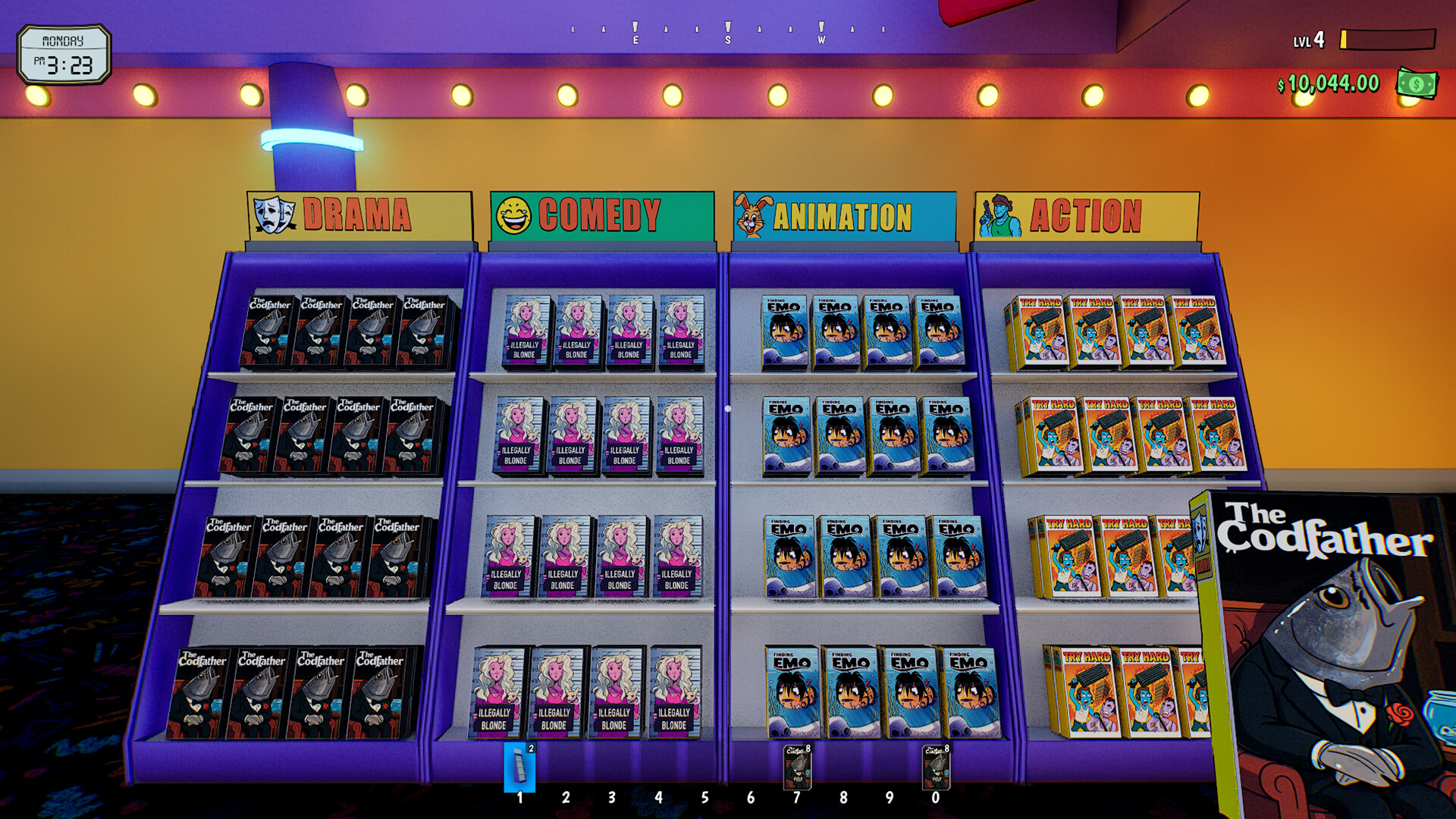 Rewind 99: The player holding a VHS for 'The Codfather' while looking at other VHS tapes on a shelf.