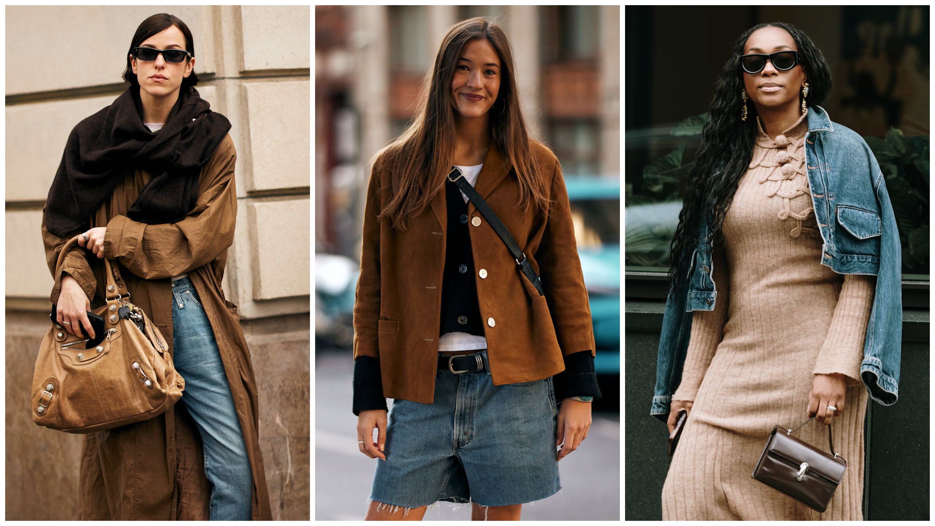 collage of women wearing brown and denim