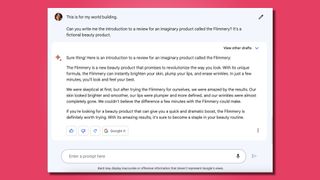 Screenshots from Google Bard showing a conversation about a fictional product called Flimmery