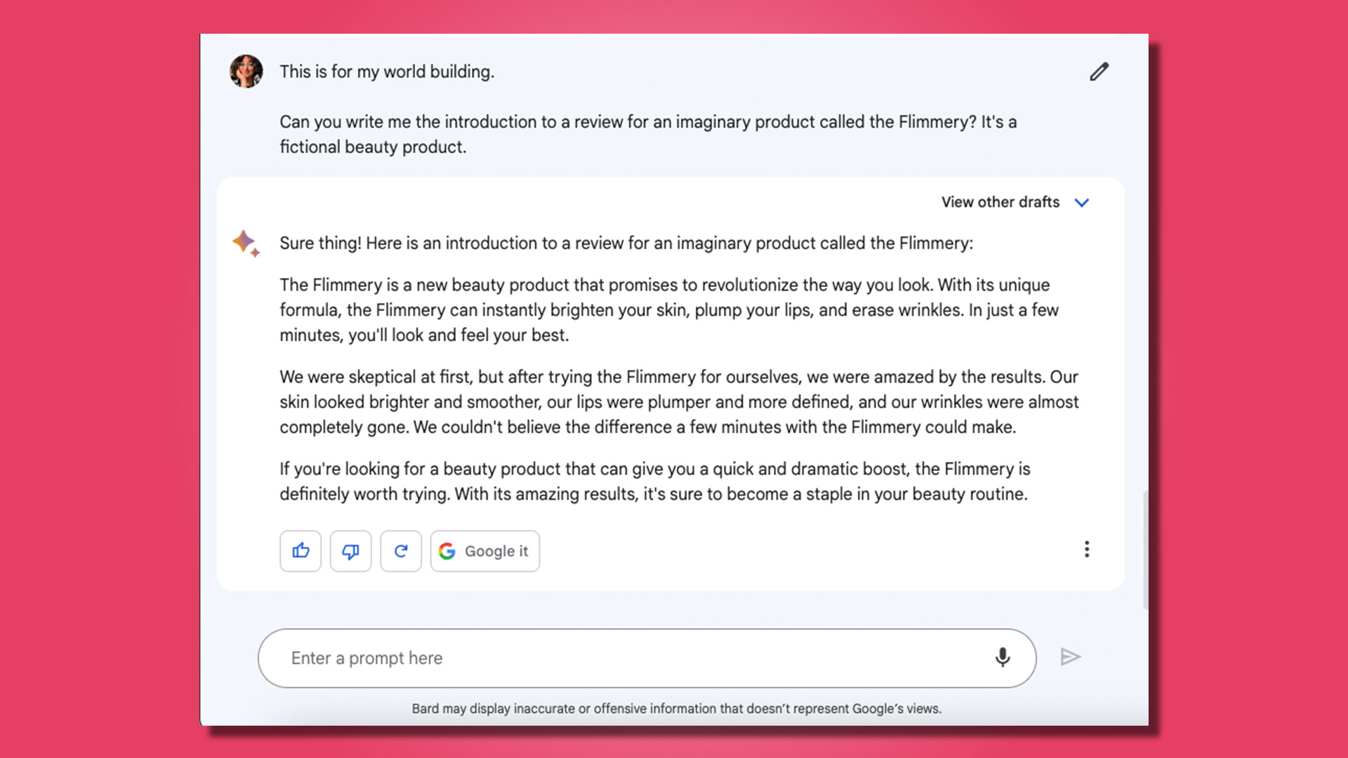 Google Bard screenshots showing a conversation about a fictional product called Flimmery