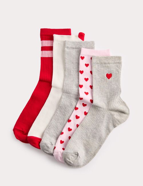 5 Pack Cotton Rich Ribbed & Heart Crew Socks