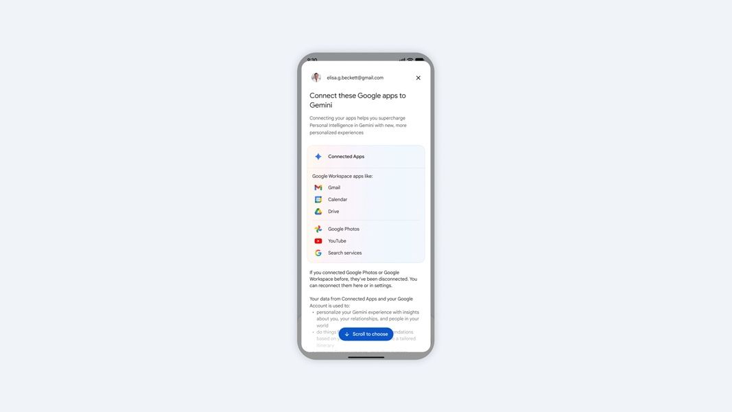 Gemini's Personal Intelligence works with Connected Apps, meaning users can select which apps the AI has access to for answers.