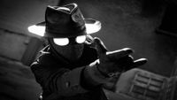 a black-and-white superhero in hat and goggles