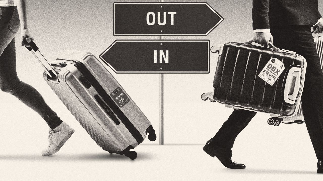 Illustration of people entering and exiting the country