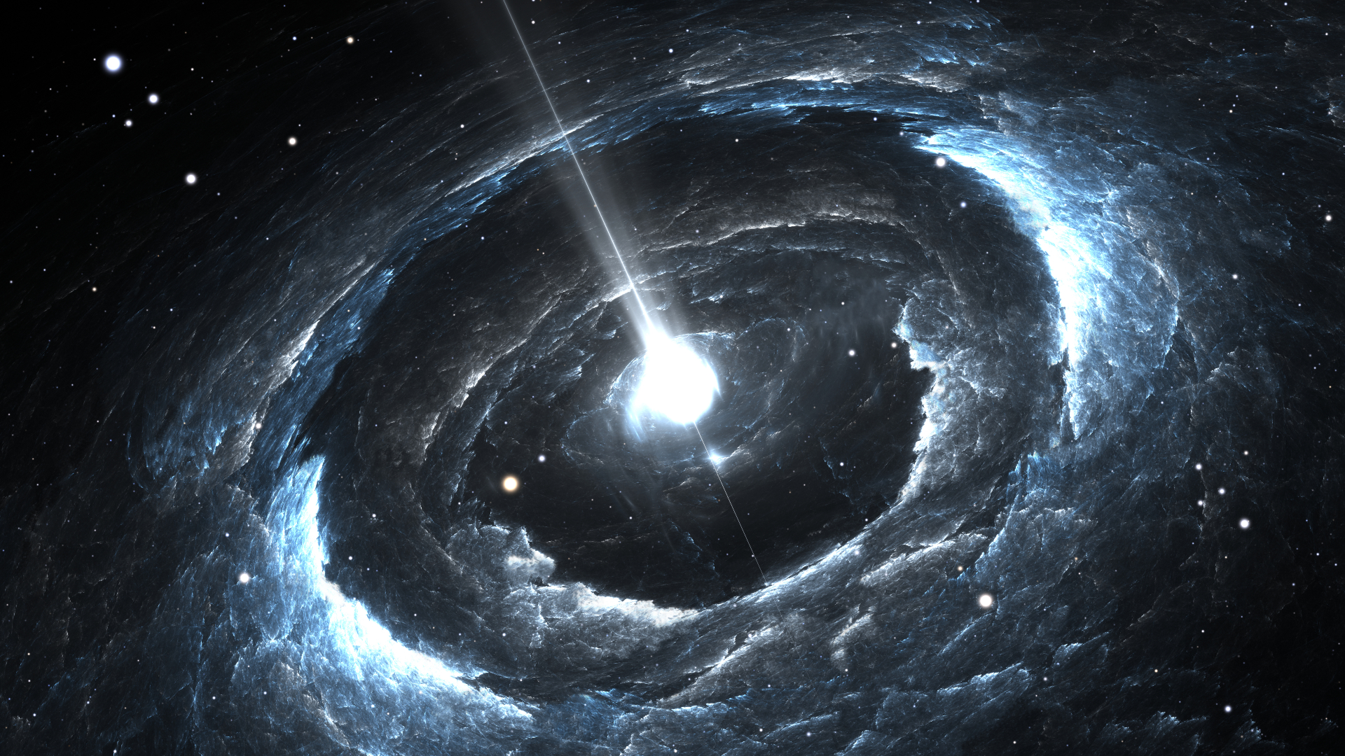 Graphic illustration of a highly magnetized rotating neutron star, with a bright white center.