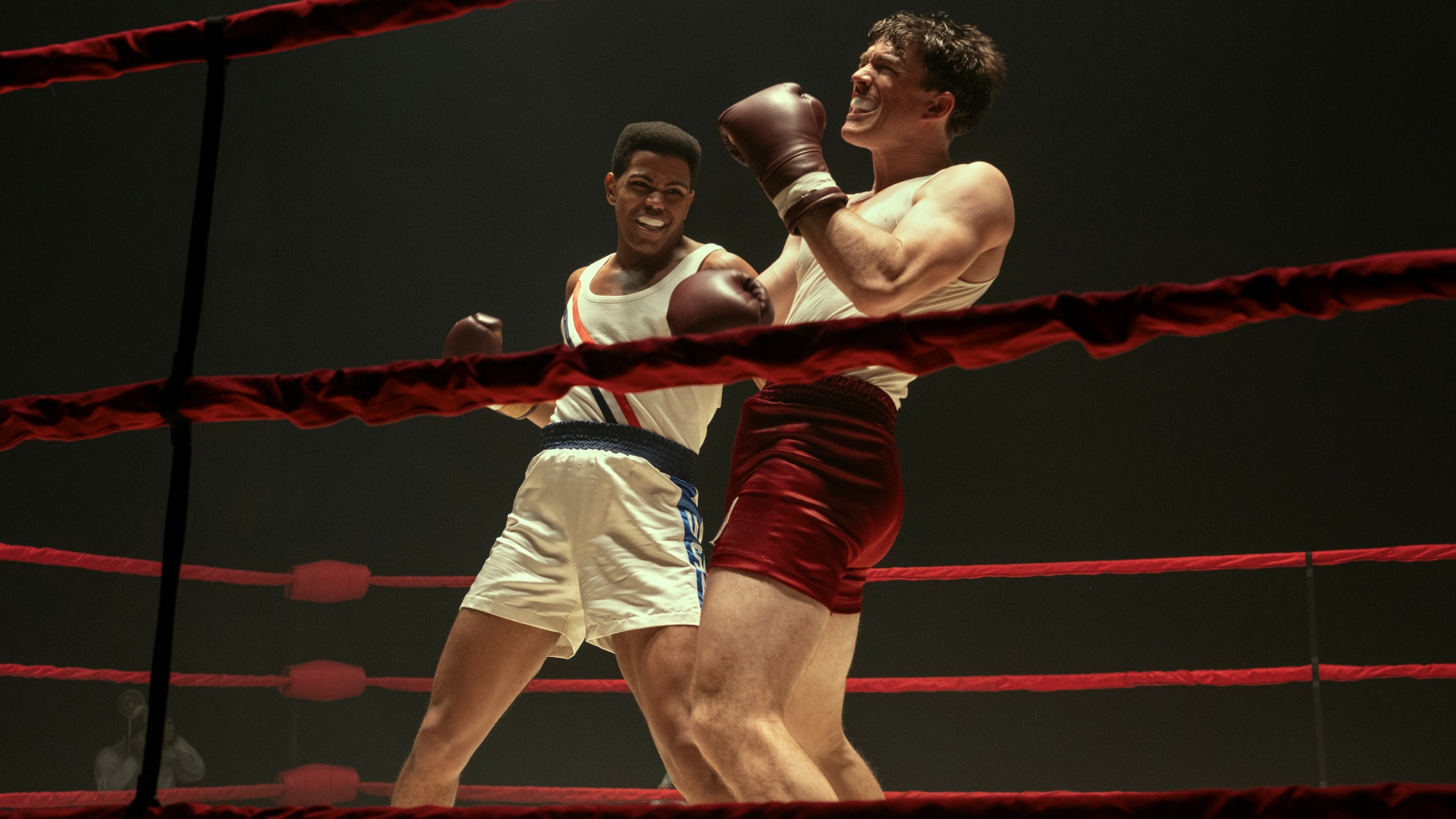 Jaalen Best as Muhammad Ali boxing with an opponent.