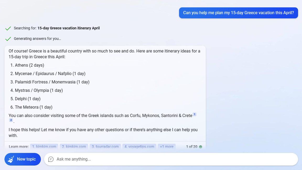 I asked Bing to plan my vacation