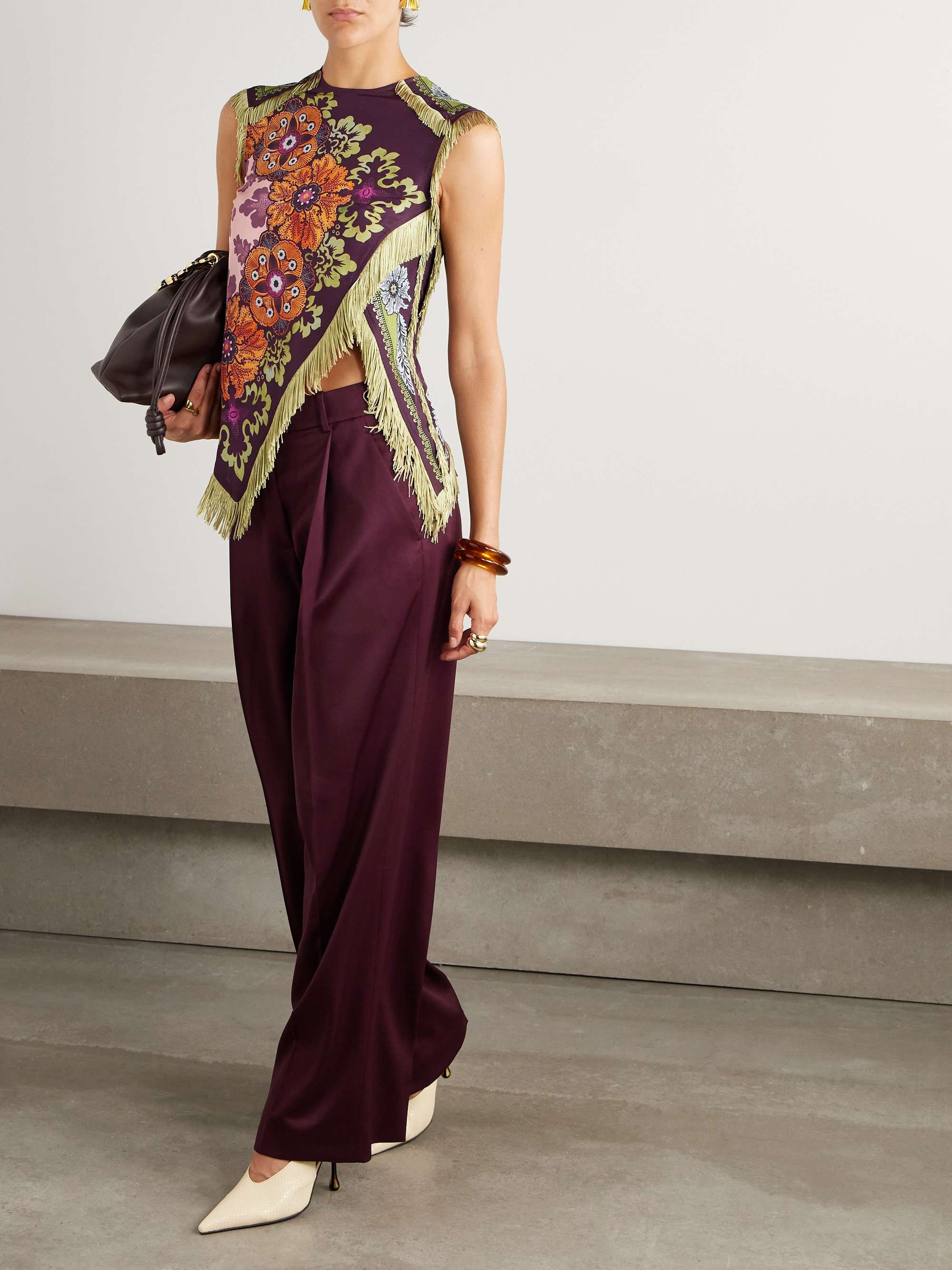 Fringed Printed Silk-Twill Top