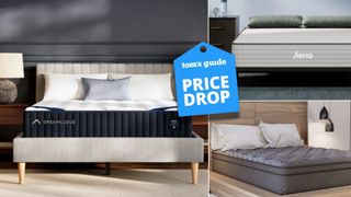 A collage of the DreamCloud mattress, Siena Hybrid mattress and Diamond mattress on bedframes in bedrooms