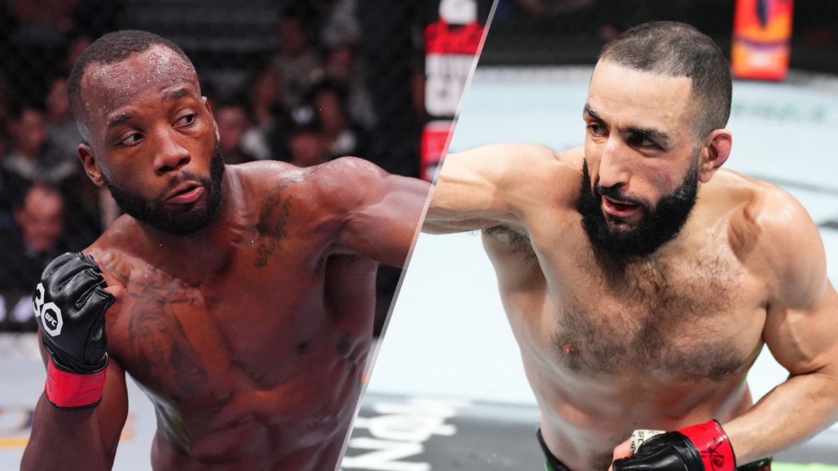 Composite image of UFC fighters Leon Edwards (L) and Belal Muhammad (R) throwing punches.