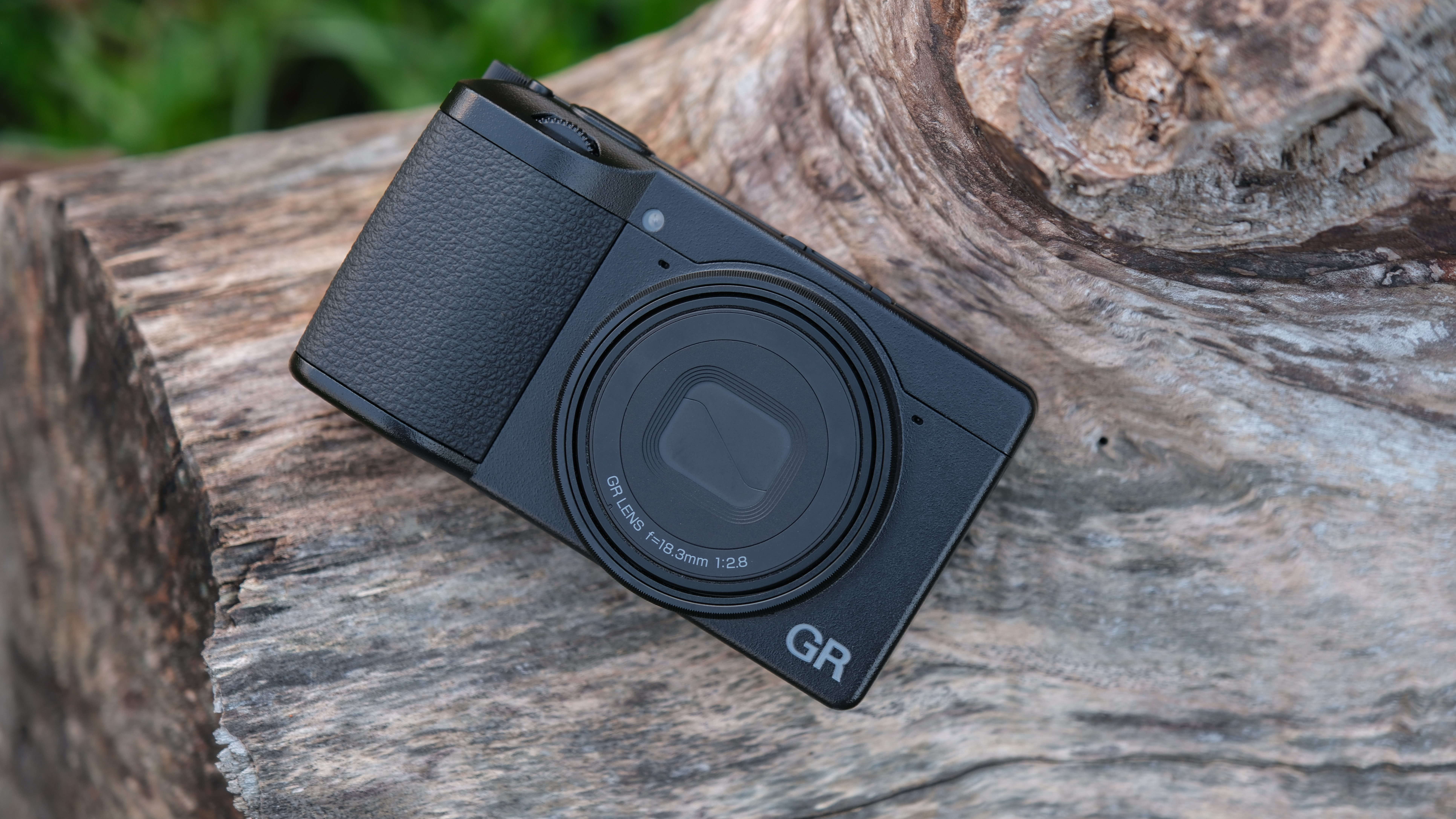 Ricoh GR IV compact camera on a wooden tree stump