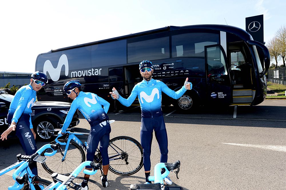 Thumbs up from Alejandro Valverde - Movistar training on the Paris-Roubaix cobbles as recon for stage 9 at the Tour de France