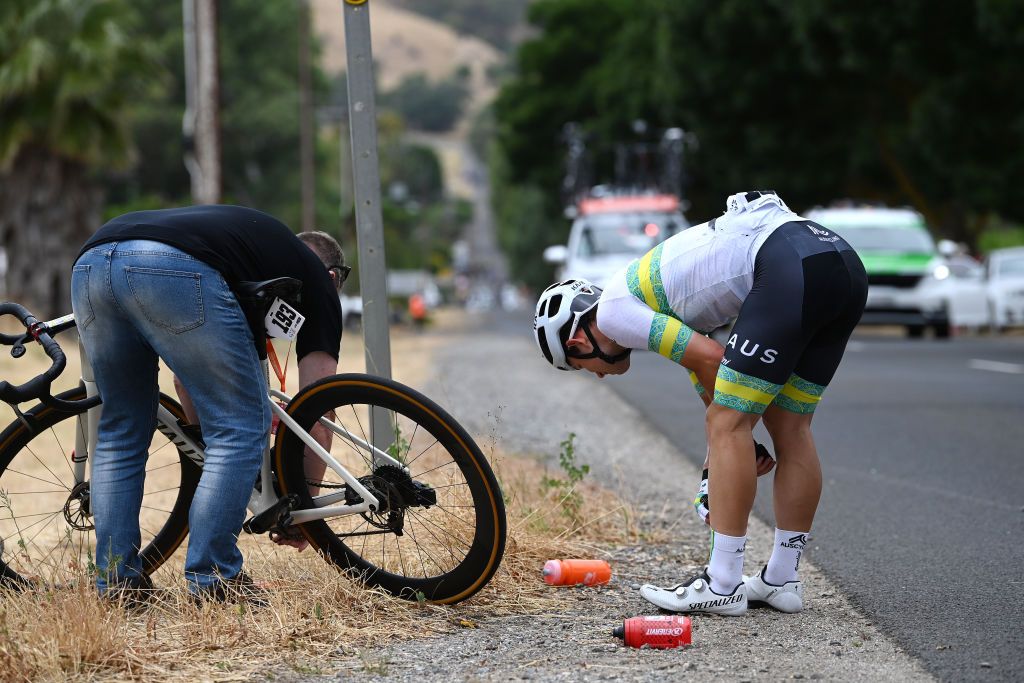 TANUDAZ AUSTRALIA JANUARY 18 Graeme Frislie of Australia and Australian National Team after crash in the 23rd Santos Tour Down Under 2023 Stage 1 a 1499km stage from Tanunda to Tanunda on January 18 2023 in Tanunda Australia Photo by Tim de WaeleGetty Images