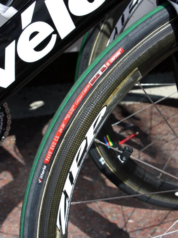 All of Cerv&eacute;lo TestTeam started on Zipp's 303 carbon tubular rims - including this early prototype that race engineer Damon Rinard was deemed still good for racing.