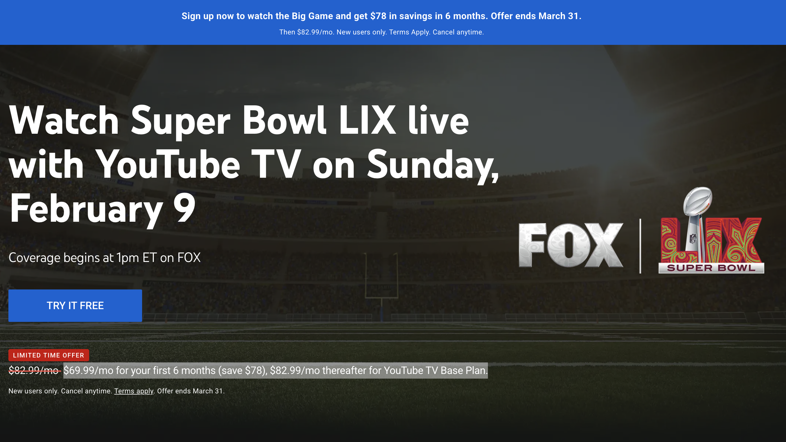 Watch Super Bowl LIX live with YouTube TV on Sunday, February 9, 2025