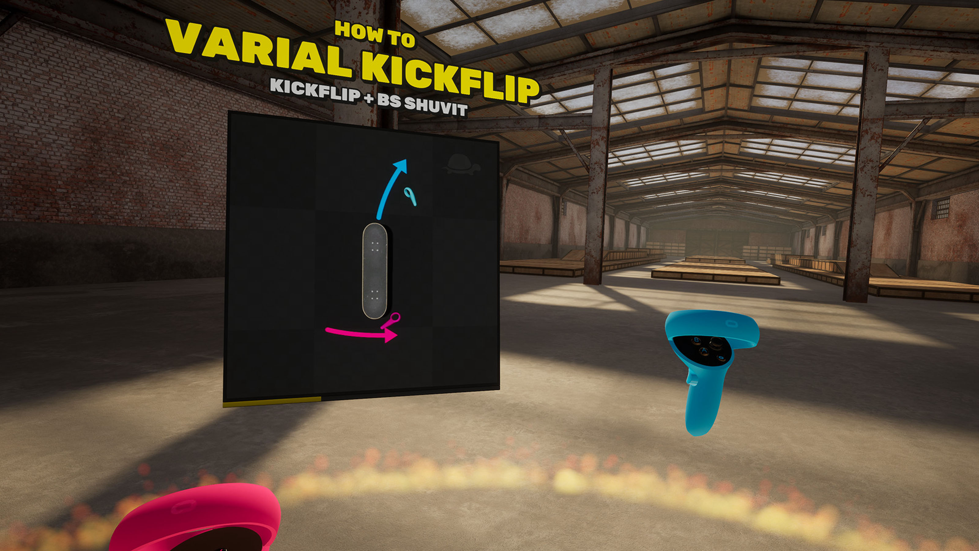A screenshot from the game VR Skater showing a tutorial for a skateboarding trick