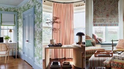 Three images: blue and green home office with floral wallpaper, home office with bay window and pink drapes, living room with rustic patterned furniture and window seat