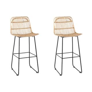 pair of rattan bar stools with black metal base