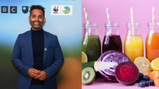 Dr Amir Khan with a selection of juices, including beetroot juice, orange, green, and blueberry 