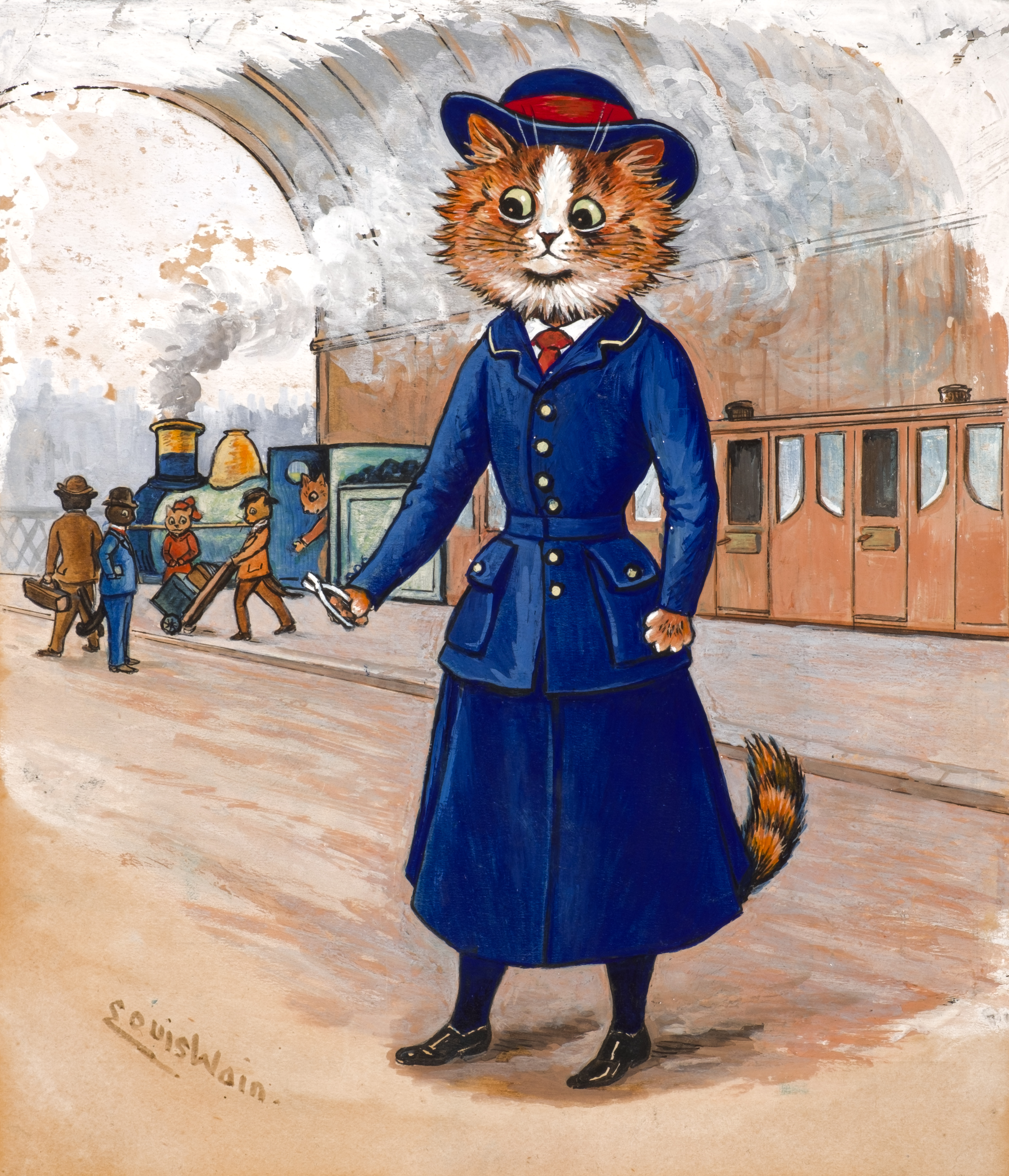 Louis Wain's 'Tickets Please!' shows a cat dressed as a female ticket inspector in front of a train