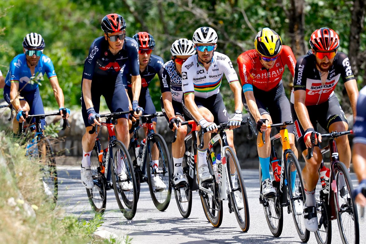 Tour de France 2021 108th Edition 15th stage Ceret Andorra La Vella 1913 km 11072021 Julian Alaphilippe FRA Deceuninck QuickStep Wouter Poels NED Bahrain Victorious photo Luca BettiniBettiniPhoto2021
