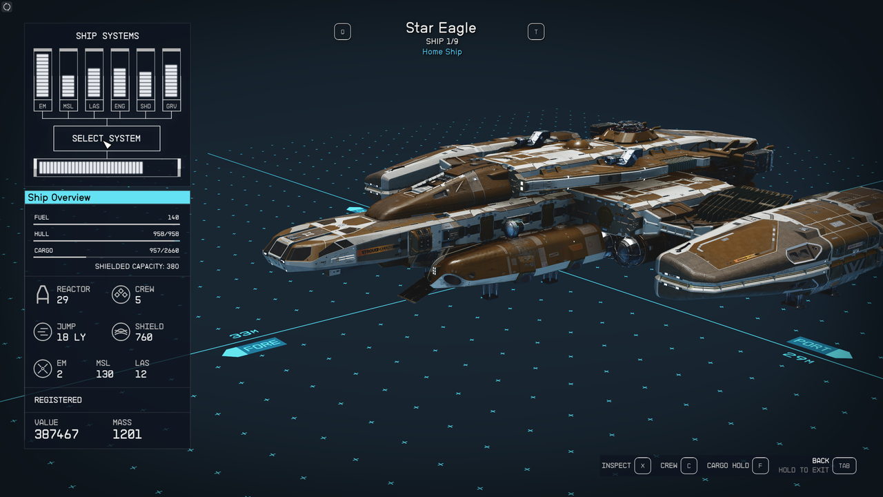 Inspecting the Star Eagle in Starfield's shipbuilder interface.