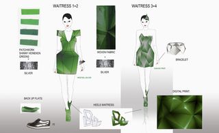 Two sketches of dress uniform designs. Both uniforms are emerald green midi dresses with low-cut tops. One covers the shoulders. One has an open neck and open shoulders.