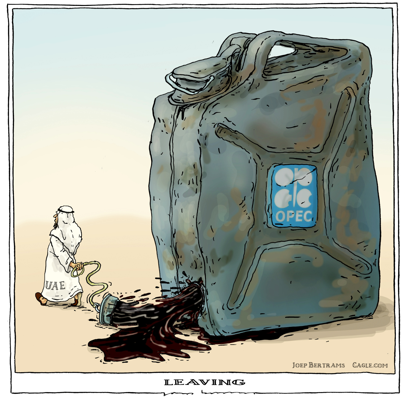 This cartoon is titled "Leaving". A man in Arabic dress labeled "UAE" walks away from a large can of oil having pulled the plug. The oil can is labeled "OPEC" and oil gushes out the side of the can.